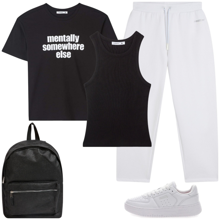 Outfit donna - Passeggiata in campagna. Stile Basic per Tutti i giorni. Abbinamento con t-shirt, zaini, top sportivi, pantaloni sportivi, sneakers.