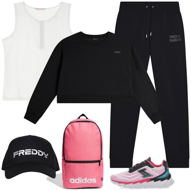 Outfit donna - Gita. Stile Basic per Tutti i giorni. Abbinamento con canottiere, pantaloni, cappelli, felpe sportive, sneakers, zaini.