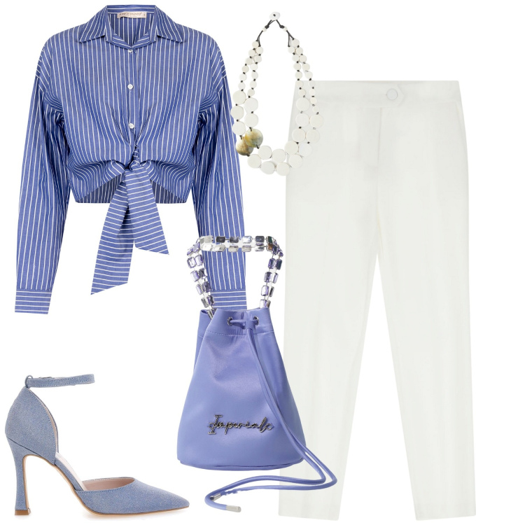 Outfit donna - City. Stile Urban per Tutti i giorni. Abbinamento con camicie, borse a secchiello, pantaloni, décolleté, ciondoli.