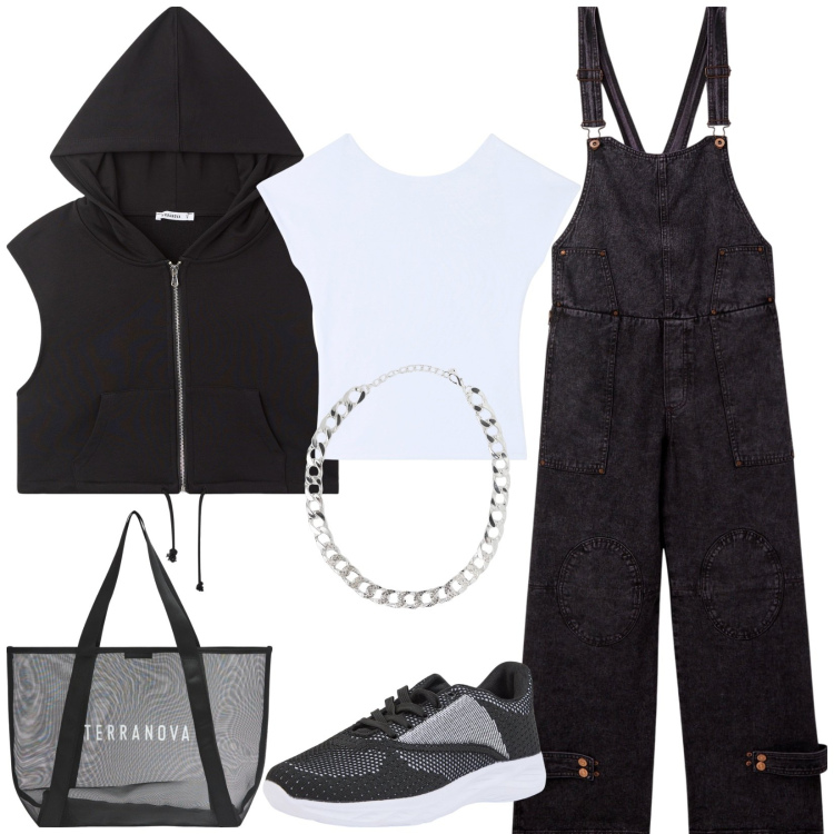 Outfit donna - La salopette. Stile Casual per Tutti i giorni. Abbinamento con t-shirt, collane, salopette, shopping bag, sneakers, felpe con cappuccio.