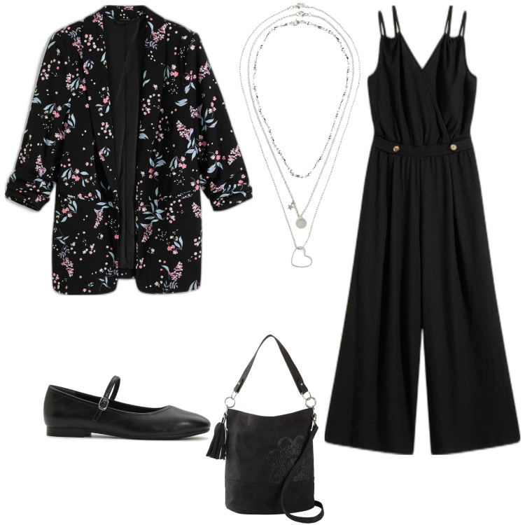 Outfit donna - Jumpsuit e blazer a fiori. Stile Casual chic per Serata fuori. Abbinamento con blazer, borse a mano, collane, tute, ballerine.
