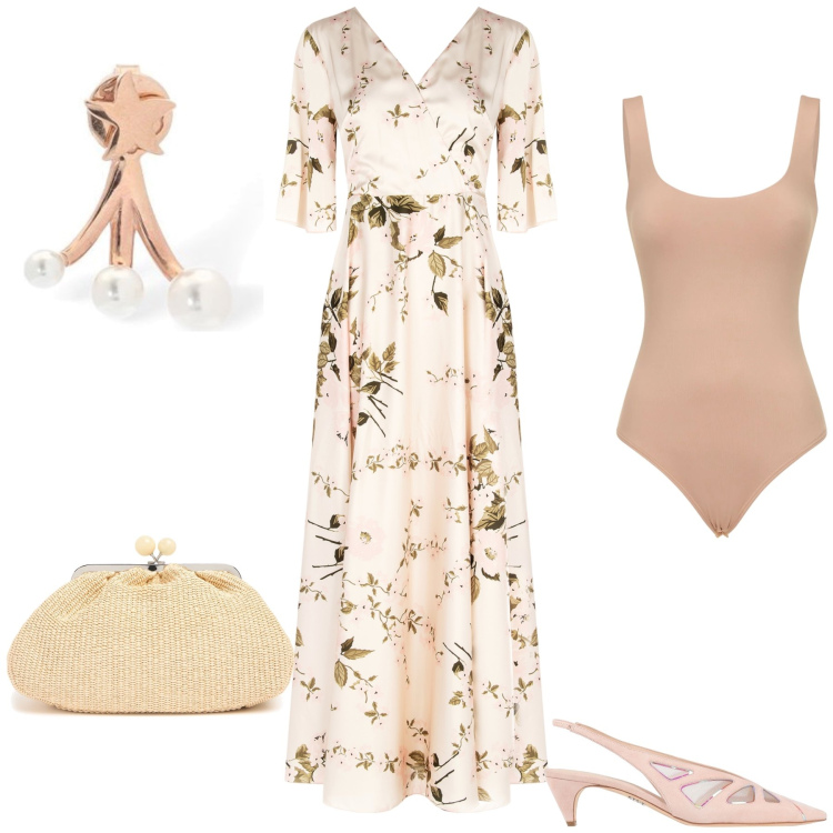 Outfit donna - Cerimonia pomeridiana. Stile Bon Ton per Cerimonia. Abbinamento con décolleté, vestiti lunghi, body, orecchini, pochette.