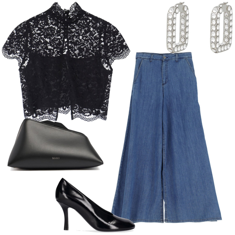 Outfit donna - Jeans a palazzo per sera. Stile Glamour per Serata fuori. Abbinamento con orecchini, top, jeans, pochette, décolleté.