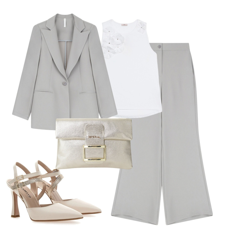 Outfit donna - Cerimonia. Stile Chic per Cerimonia. Abbinamento con blazer, pantaloni, pochette, décolleté, top.