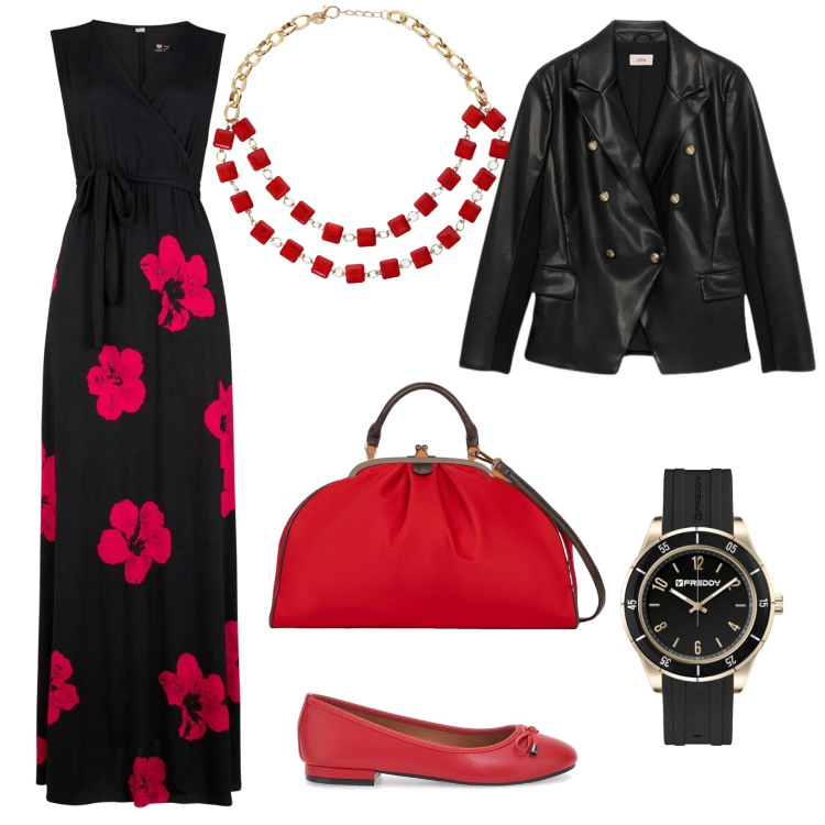 Outfit donna - Nero e rosso. Stile Bon Ton per Serata fuori. Abbinamento con vestiti, orologi, collane, ballerine, blazer, borse a spalla.