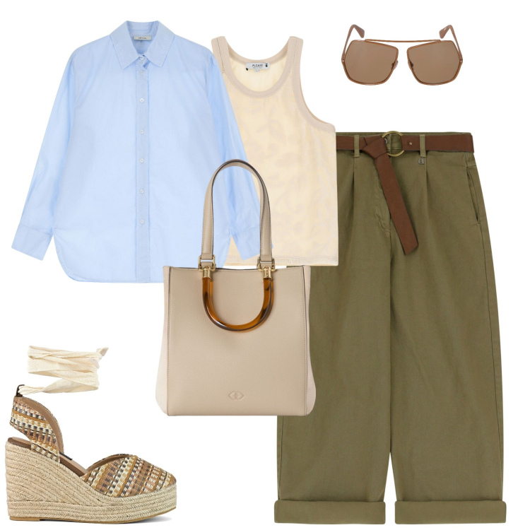 Outfit donna - City. Stile Casual chic per Tutti i giorni. Abbinamento con top, camicie, pantaloni, zeppe, occhiali da sole, shopping bag.