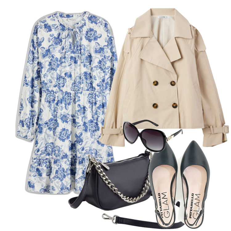 Outfit donna - Fiori in costiera. Stile Romantica per Tutti i giorni. Abbinamento con occhiali da sole, vestiti, trench, ballerine, borse a tracolla.