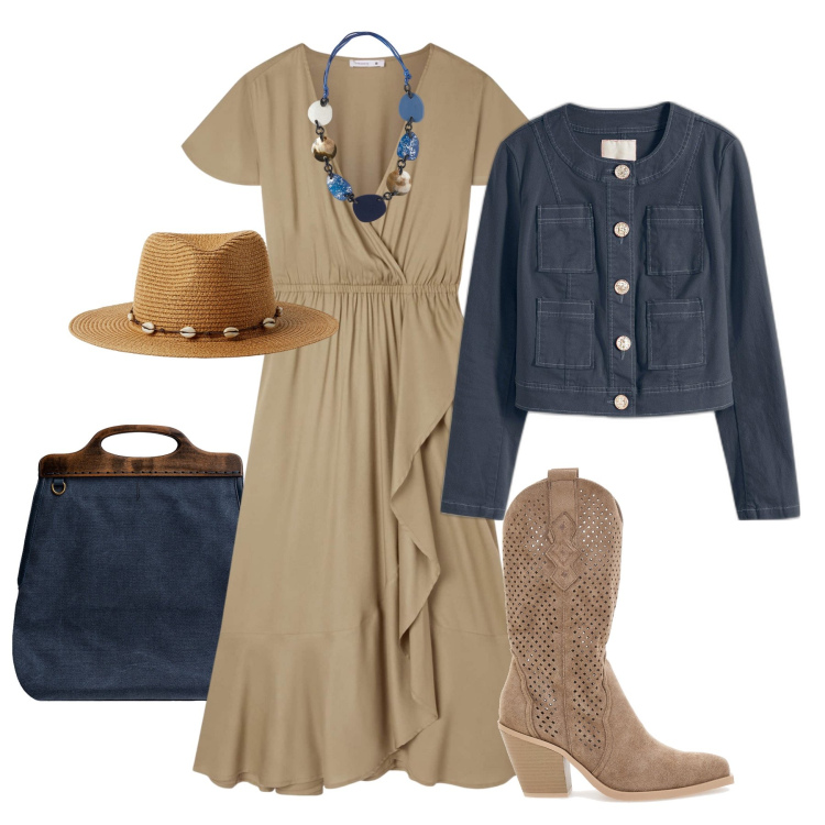 Outfit donna - Città boho. Stile Boho per Tutti i giorni. Abbinamento con blazer, vestiti lunghi, cappelli, stivaletti, collane, borse a tracolla.