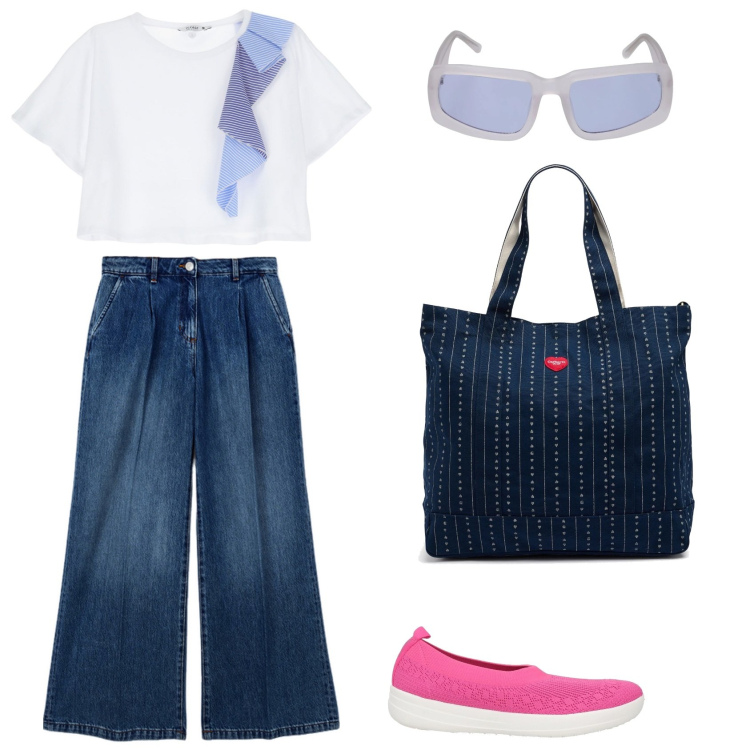 Outfit donna - Ballerine comodissime. Stile Casual per Scuola/Università. Abbinamento con ballerine, t-shirt, jeans, occhiali da sole, borse tote.