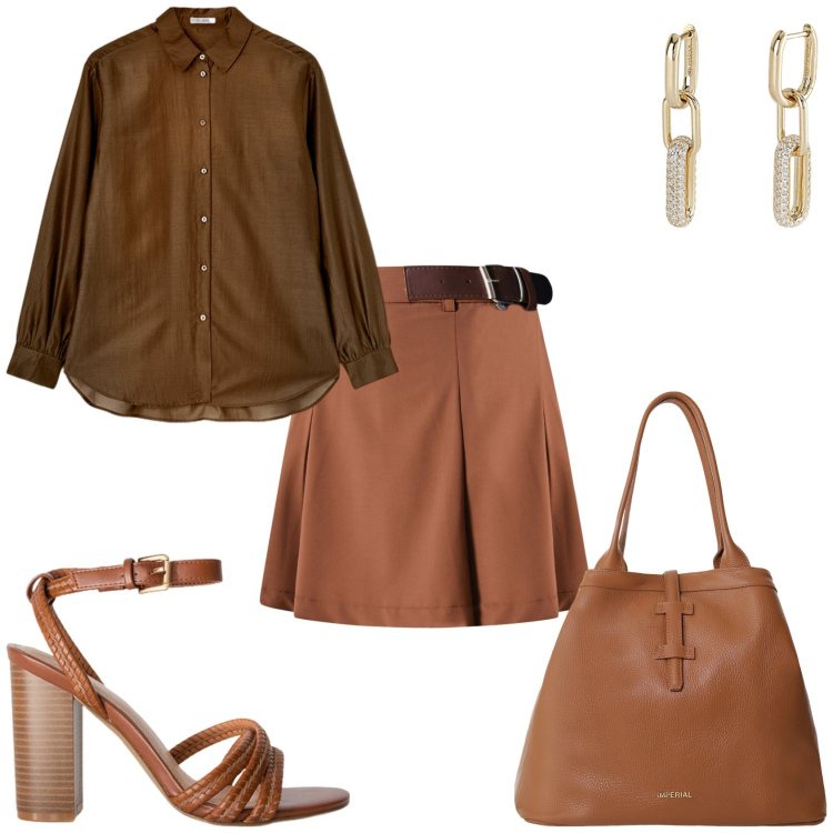 Outfit donna - Total marrone. Stile Casual chic per Tutti i giorni. Abbinamento con borse tote, orecchini, minigonne, camicie, sandali col tacco.