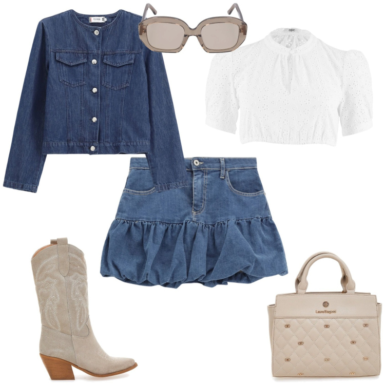 Outfit donna - Cerimonia evento ufficio. Stile Boho per Tutti i giorni. Abbinamento con camicie, minigonne, blazer, stivaletti texani, borse a mano, occhiali da sole.