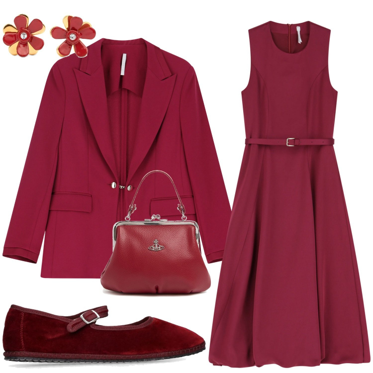 Outfit donna - Woman in red. Stile Chic per Serata fuori. Abbinamento con blazer, vestiti midi/longuette, borse a mano, ballerine, orecchini.