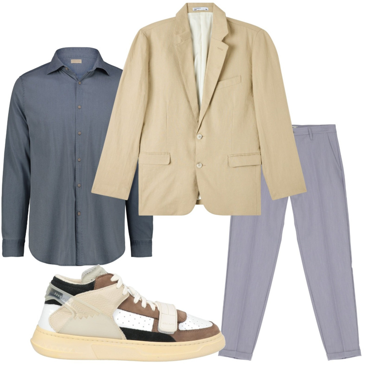 Outfit uomo - Eleganza rilassata. Stile Trendy per Ufficio. Abbinamento con sneakers alte, giacche, pantaloni, camicie.