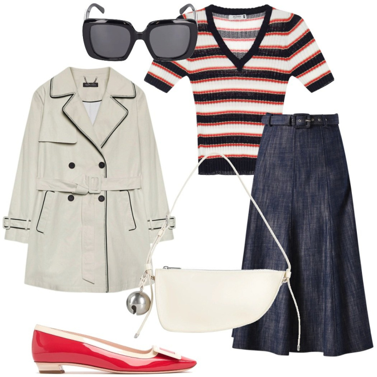 Outfit donna - Weekend. Stile Casual chic per Tutti i giorni. Abbinamento con borse a mano, gonne longuette, maglieria, trench, ballerine, occhiali da sole.