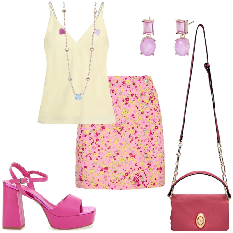 Outfit donna - Giornata di colore. Stile Trendy per Tutti i giorni. Abbinamento con top, collane, orecchini, sandali col tacco, minigonne, borse a tracolla.
