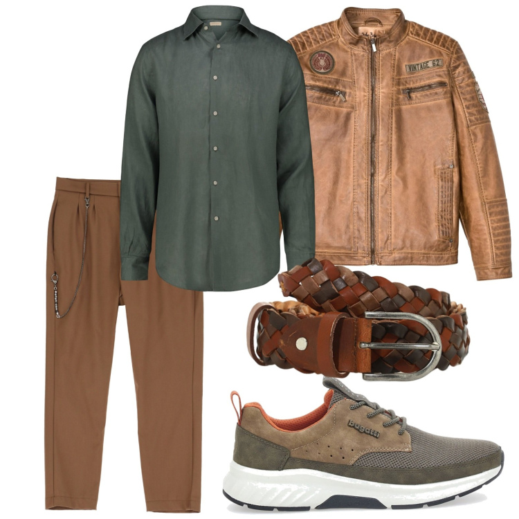 Outfit uomo - Tonalità terrose. Stile Trendy per Ufficio. Abbinamento con giacche, cinture, pantaloni, camicie, sneakers.