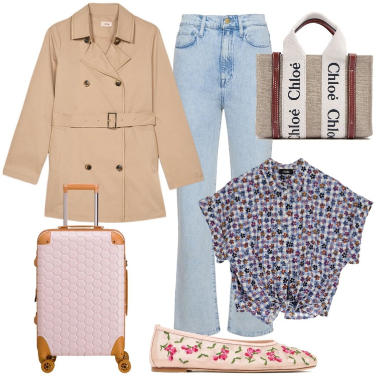 Outfit donna - Weekend fuori città. Stile Casual chic per Tutti i giorni. Abbinamento con camicie a manica corta, ballerine, borse a mano, valigie, trench, jeans.
