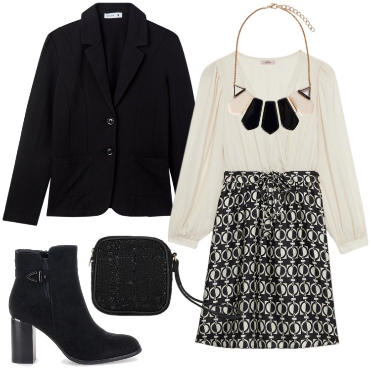 Outfit donna - Cena romantica. Stile Casual chic per Serata fuori. Abbinamento con blazer, stivaletti, vestiti, collane, pochette.