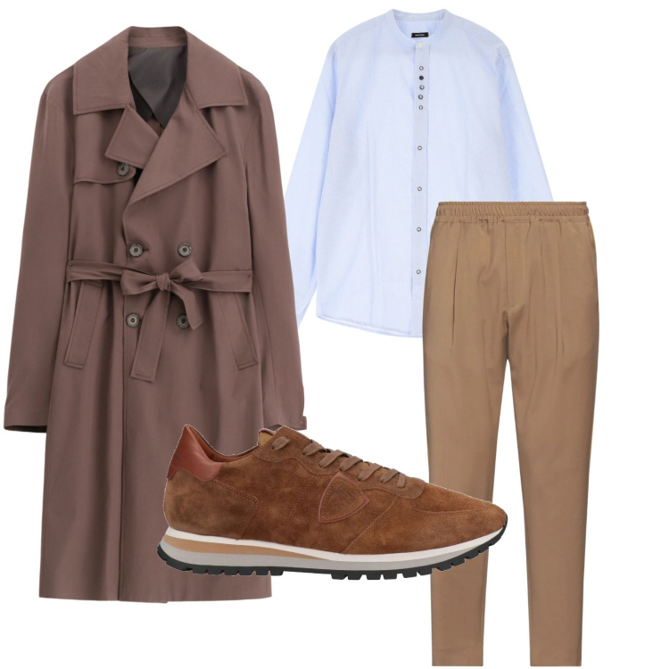 Outfit uomo - Maxi trench color terra. Stile Casual per Ufficio. Abbinamento con sneakers, pantaloni, camicie, trench.