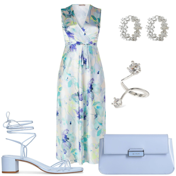 Outfit donna - Matrimonio di mattina. Stile Chic per Cerimonia. Abbinamento con borse a mano, orecchini, vestiti lunghi, sandali in pelle, anelli.