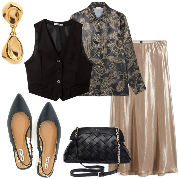 Outfit donna - Ballerine slingback nere. Stile Chic per Ufficio. Abbinamento con gonne longuette, gilet, ballerine, orecchini, clutch, camicie.