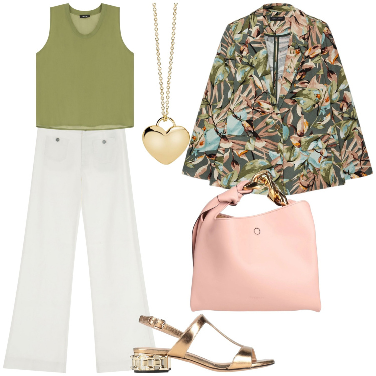Outfit donna - Un accoppiata vincente. Stile Glamour per Serata fuori. Abbinamento con borse a mano, sandali in pelle, collane, pantaloni a palazzo, top, blazer.