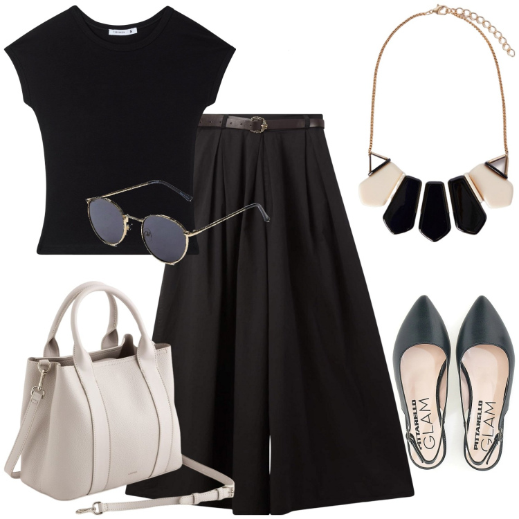 Outfit donna - Una collana audace. Stile Casual chic per Tutti i giorni. Abbinamento con occhiali da sole, t-shirt, pantaloni, ballerine, borse a mano, collane.
