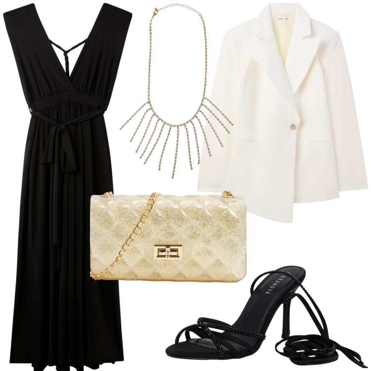 Outfit donna - Total look #2100932. Stile Glamour per Serata fuori. Abbinamento con borse a tracolla, blazer, vestiti lunghi, sandali alla schiava, collane.