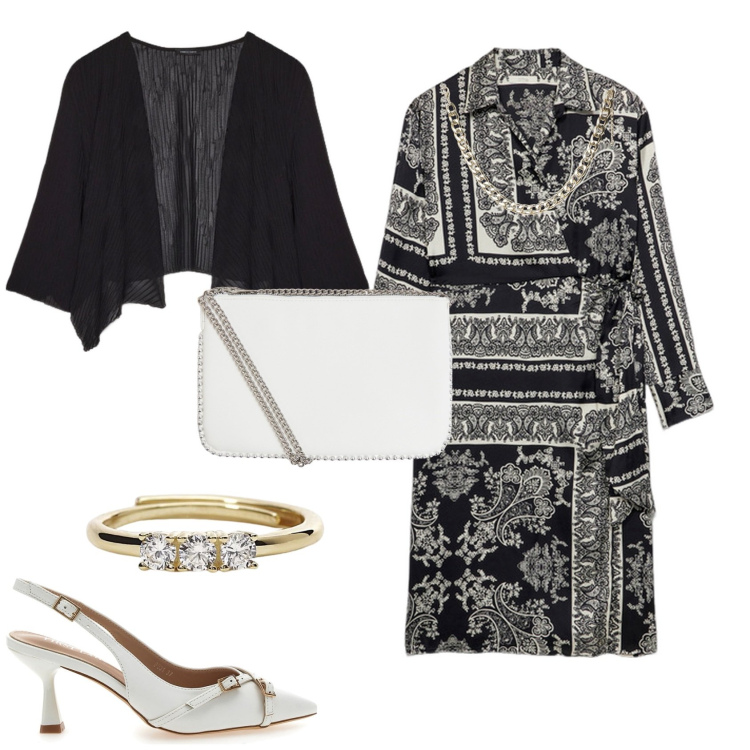 Outfit donna - Cerimonia evento serata. Stile Chic per Serata fuori. Abbinamento con collane, borse a tracolla, anelli, décolleté, bolero, vestiti midi/longuette.