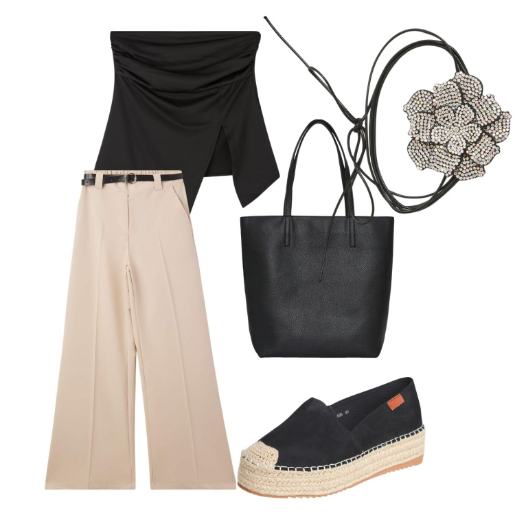 Outfit donna - Romantic time. Stile Romantica per Serata fuori. Abbinamento con top, pantaloni, borse tote, espadrillas, collane.