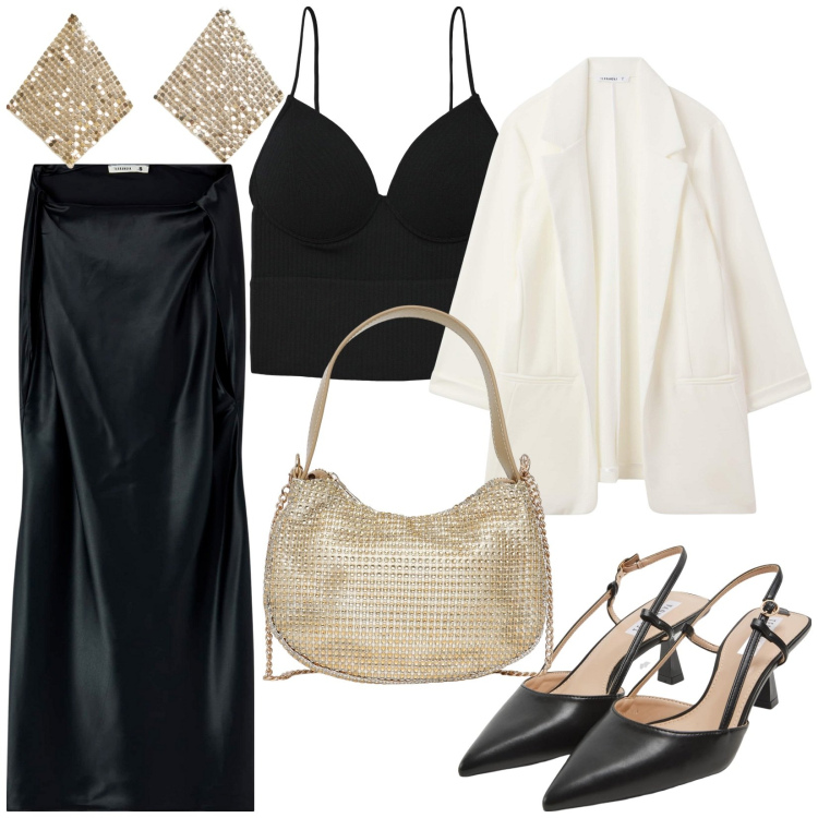 Outfit donna - Total look #2100947. Stile Glamour per Serata fuori. Abbinamento con vestiti corti, top, sabot, blazer, borse a spalla, orecchini.