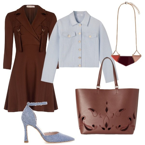 Outfit donna - Compleanno in Aprile. Stile Glamour per Serata fuori. Abbinamento con vestiti midi/longuette, décolleté, shopping bag, ciondoli, blazer.