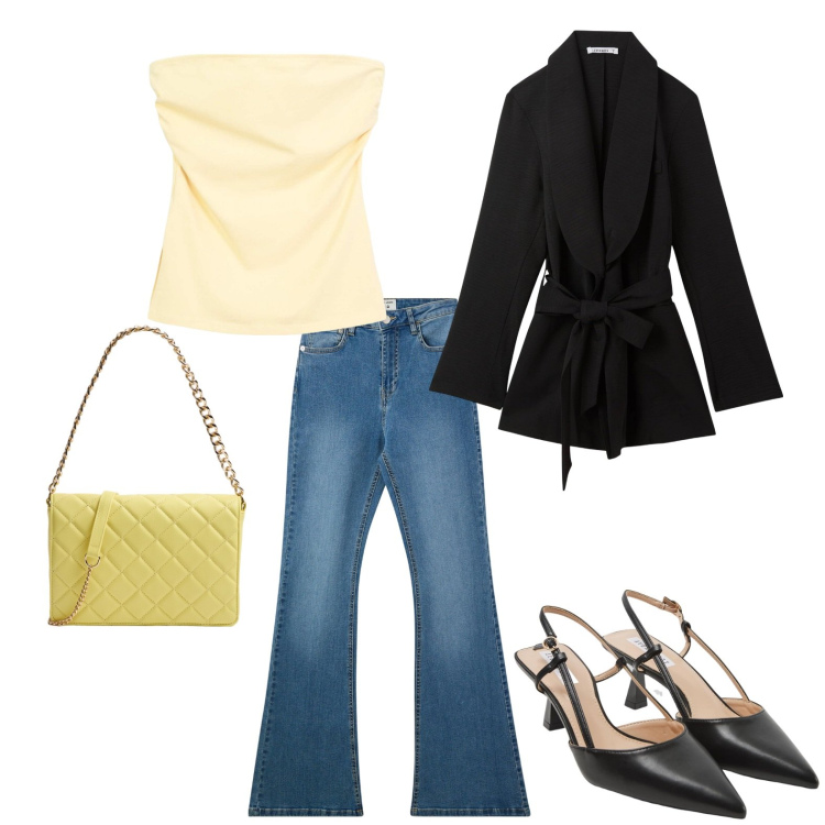 Outfit donna - Cena azientale. Stile Casual chic per Serata fuori. Abbinamento con jeans a zampa, blazer, sabot, top, borse a tracolla.
