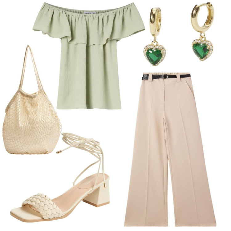 Outfit donna - Pastel. Stile Casual per Tutti i giorni. Abbinamento con pantaloni, bluse, borse a tracolla, sandali alla schiava, orecchini.