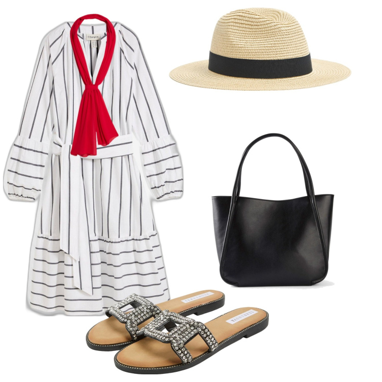 Outfit donna - Una giornata al mare. per Mare. Abbinamento con shopping bag, vestiti midi/longuette, cappelli, ciabatte, stole.