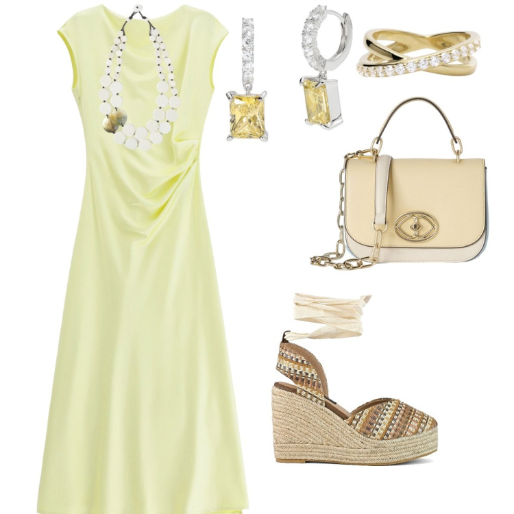 Outfit donna - Giallo estate. Stile Bon Ton per Tutti i giorni. Abbinamento con anelli, orecchini, vestiti lunghi, zeppe, ciondoli, borse a tracolla.