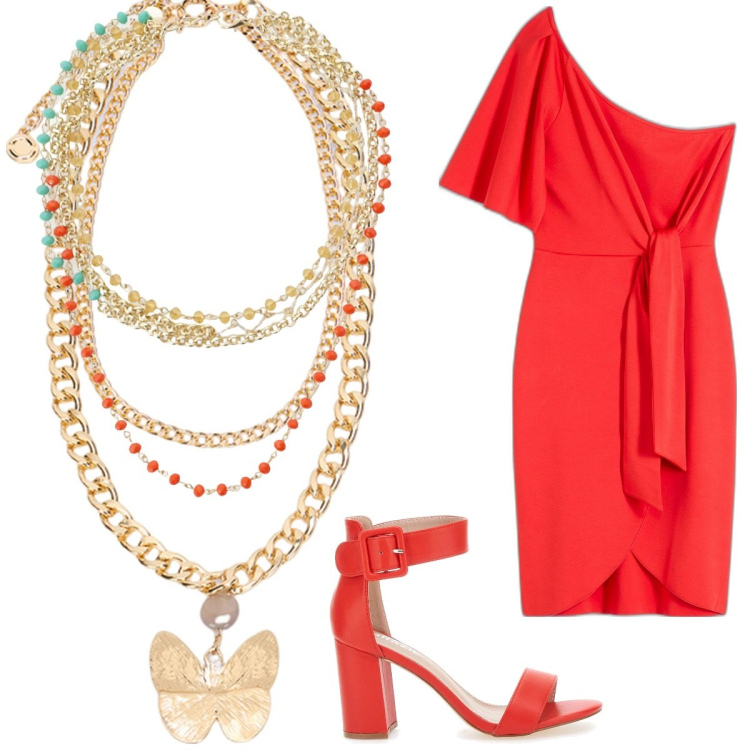Outfit donna - Rosso e oro. Stile Casual chic per Serata fuori. Abbinamento con vestiti asimmetrici, collane, sandali col tacco, collane.