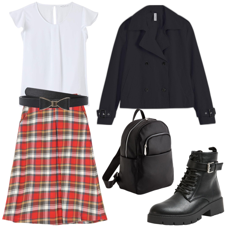 Outfit donna - Vado in ufficio. Stile Boho per Tutti i giorni. Abbinamento con trench, bluse, anfibi, cinture, gonne, zaini.