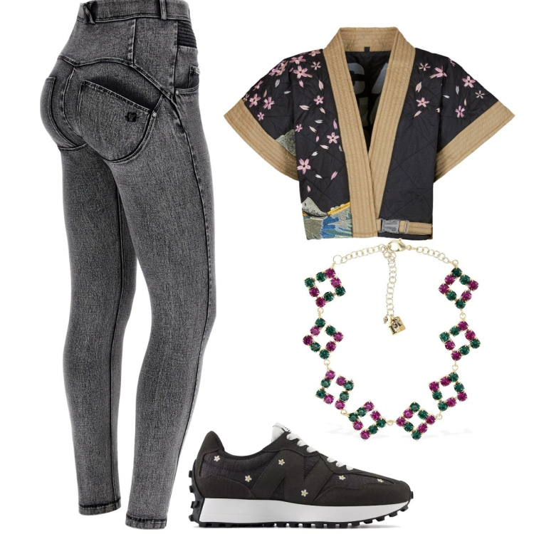 Outfit donna - Jeans e giappone. Stile Etnico per Tutti i giorni. Abbinamento con sneakers, jeans skinny, kimono, collane.