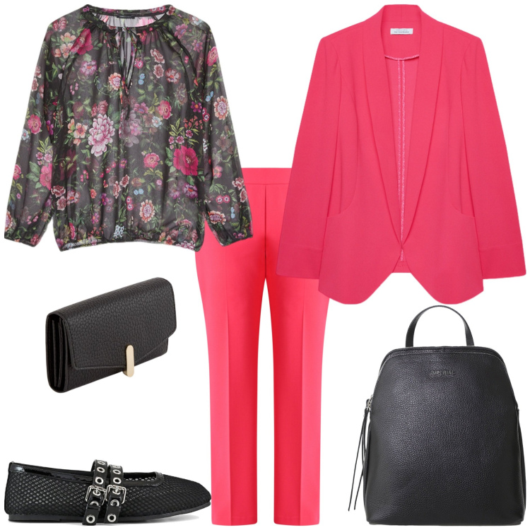 Outfit donna - Passeggiata in centro. Stile Minimal per Tutti i giorni. Abbinamento con pantaloni a palazzo, zaini, bluse, ballerine, blazer, portafogli.