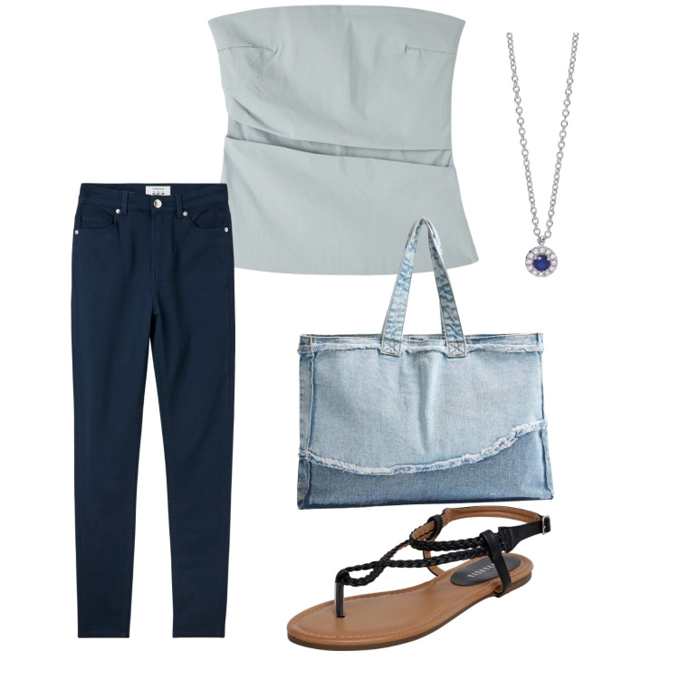 Outfit donna - Total look #2100988. Stile Basic per Ufficio. Abbinamento con top, pantaloni skinny, ciabatte, shopping bag, collane.