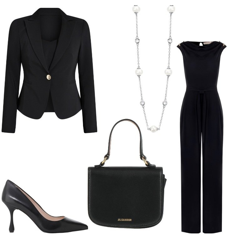 Outfit donna - Serata Jumpsuit. Stile Chic per Serata fuori. Abbinamento con borse a mano, collane, blazer, tute, décolleté.