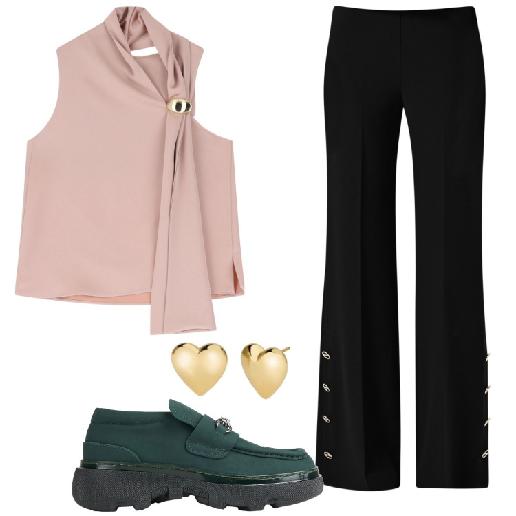 Outfit donna - Total look #2100993. Abbinamento con mocassini, top, orecchini, pantaloni a palazzo.