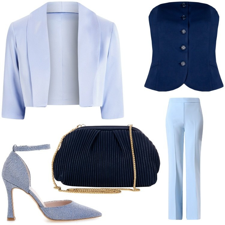 Outfit donna - Blu da sera. Stile Chic per Cerimonia. Abbinamento con top, bolero, pantaloni, pochette, décolleté.