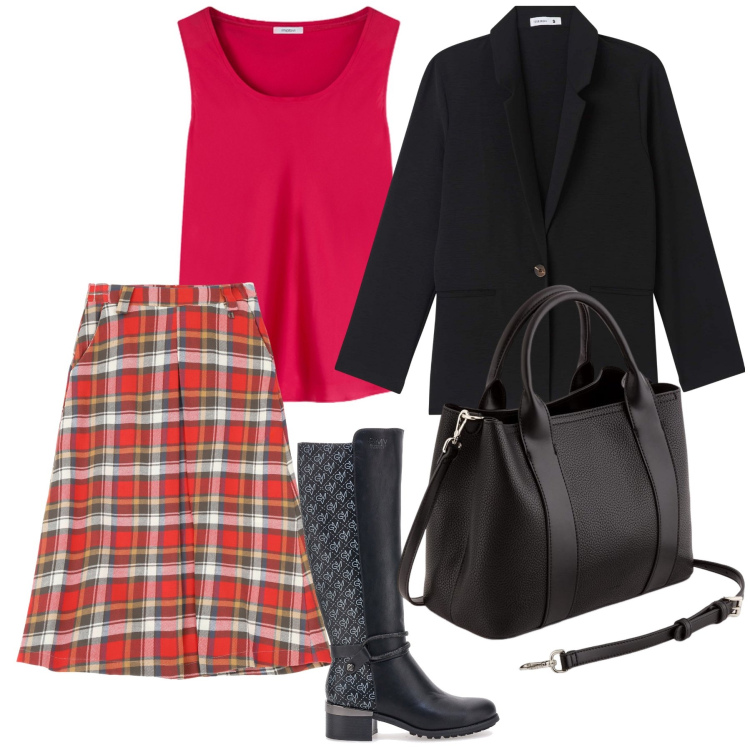 Outfit donna - Scottish office. Stile Urban per Ufficio. Abbinamento con blazer, gonne, stivali, borse a mano, top.
