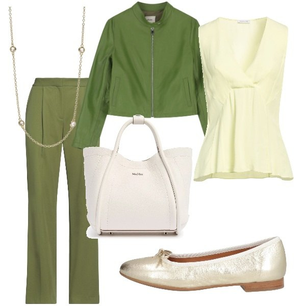 Outfit donna - Domenica mattina. Stile Casual chic per Tutti i giorni. Abbinamento con top, ballerine, pantaloni, giacche, collane, borse a mano.