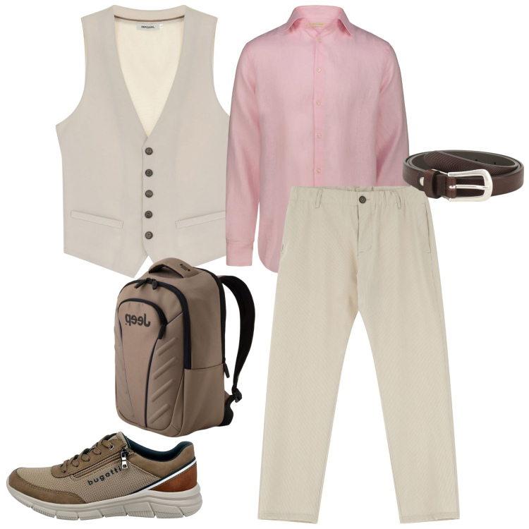 Outfit uomo - Eleganto. Stile Business/Elegante per Ufficio. Abbinamento con cinture, pantaloni, gilet, sneakers, camicie, borse sportive.