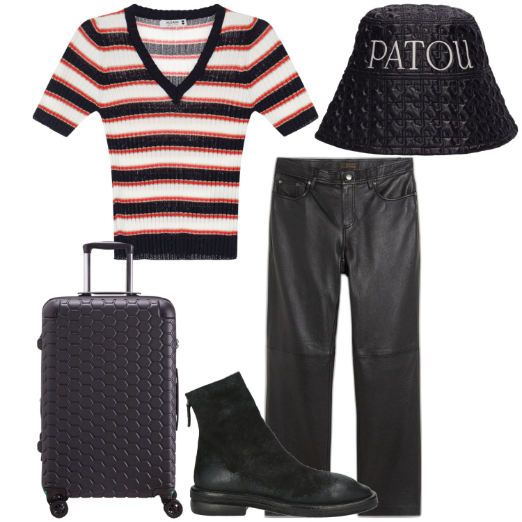Outfit donna - Domani si parte. Stile Trendy per Tutti i giorni. Abbinamento con pantaloni, stivaletti, maglieria, cappelli, valigie.