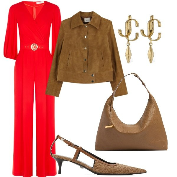 Outfit donna - Cena importante. Stile Glamour per Serata fuori. Abbinamento con tute, giacche, orecchini, borse a spalla, décolleté.