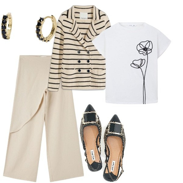 Outfit donna - Domenica mattina. Stile Casual chic per Tutti i giorni. Abbinamento con cardigans, pantaloni, t-shirt, orecchini, ballerine.